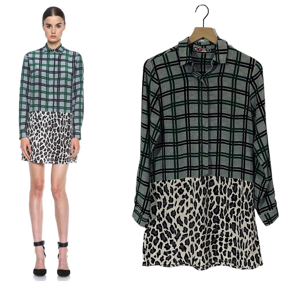 MSGM Mini Silk Dress - Plaid & Leopard - 38